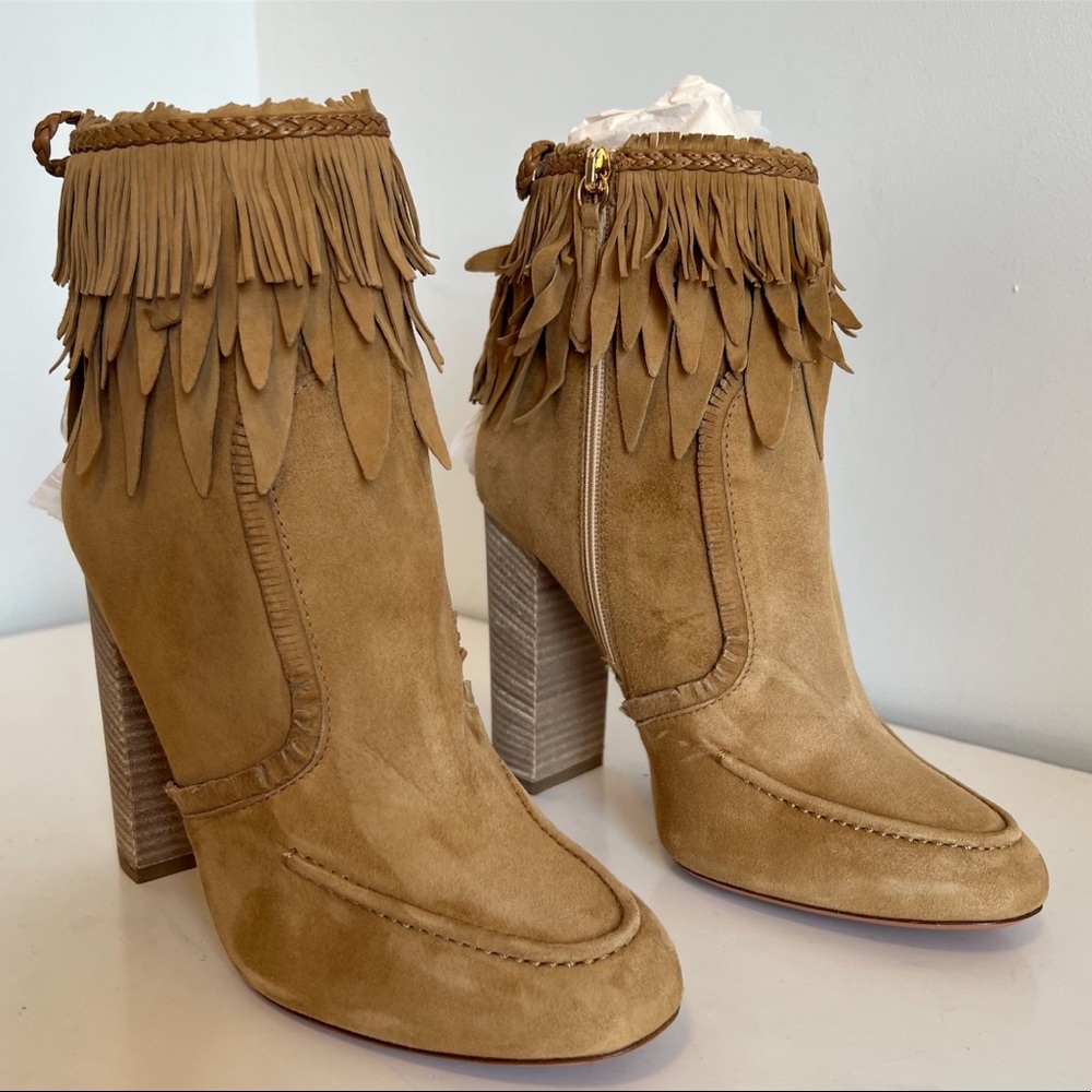 NWOB AQUAZZURA Tan Tiger Lily Fringe Ankle Boot size 7.5